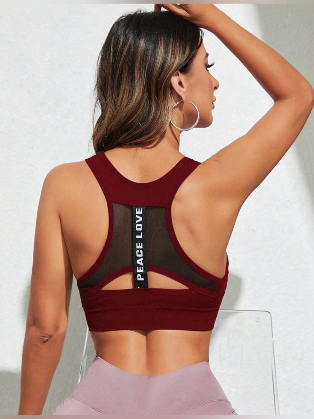 Burgundy Racerback Mesh-Back Sports Bra with 'PEACE LOVE' Detail, Large Shein